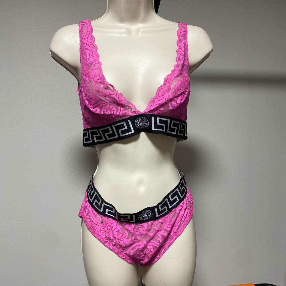 Versace Pink Lace Bra Set with Black Accents